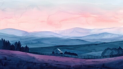 Fototapeta premium Serene watercolor landscape featuring pastel skies, rolling hills, and a quaint barn nestled in the countryside at dusk.