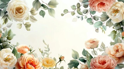 Elegant floral border with beautiful roses and leaves, perfect for wedding invitations, greeting cards, and seasonal designs.