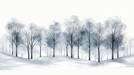 A serene winter landscape with bare trees standing tall in the snow, their branches lightly dusted by frost, against a soft white background.