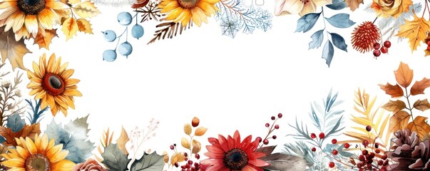 Vibrant autumn floral border with sunflowers and colorful foliage, perfect for seasonal designs, invitations, and backgrounds.