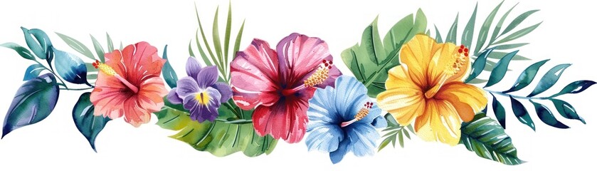 Fototapeta premium Beautiful watercolor tropical flowers and leaves in a vibrant arrangement, perfect for decorative and design purposes.