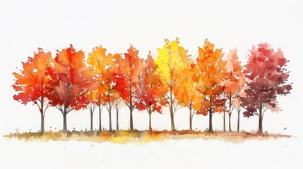 Vibrant watercolor painting of autumn trees with vivid red, orange, and yellow foliage, capturing the beauty of fall season on a white background.