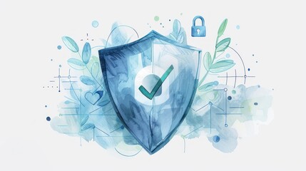 Blue shield with checkmark, representing security and protection, surrounded by abstract elements and greenery in a watercolor style.