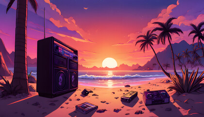 Retro-inspired beach scene with a sunset, waves, palm trees, and an old music player, bringing back nostalgic summer moments.