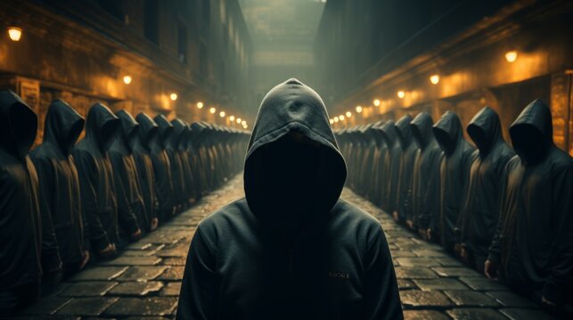 Mysterious figures in hoods meditate in the depths of a dense forest, creating an aura of enigma and tranquil calm