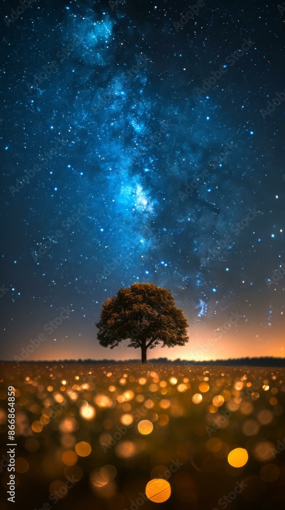 Poster a lone tree in the middle of a field with stars above it. ai.