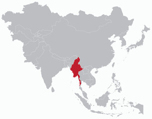 Obraz premium Highlighted red map of MYANMAR inside grey detailed blank political map of Asia on light blue background, without the Middle East and Russia