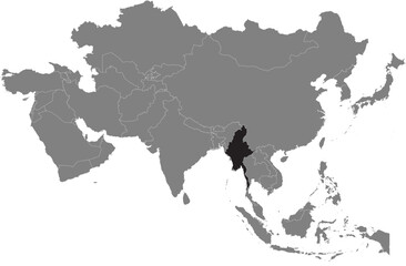 Obraz premium Highlighted black map of MYANMAR inside dark grey detailed blank political map of Asia using orthographic projection on transparent background, without Russia