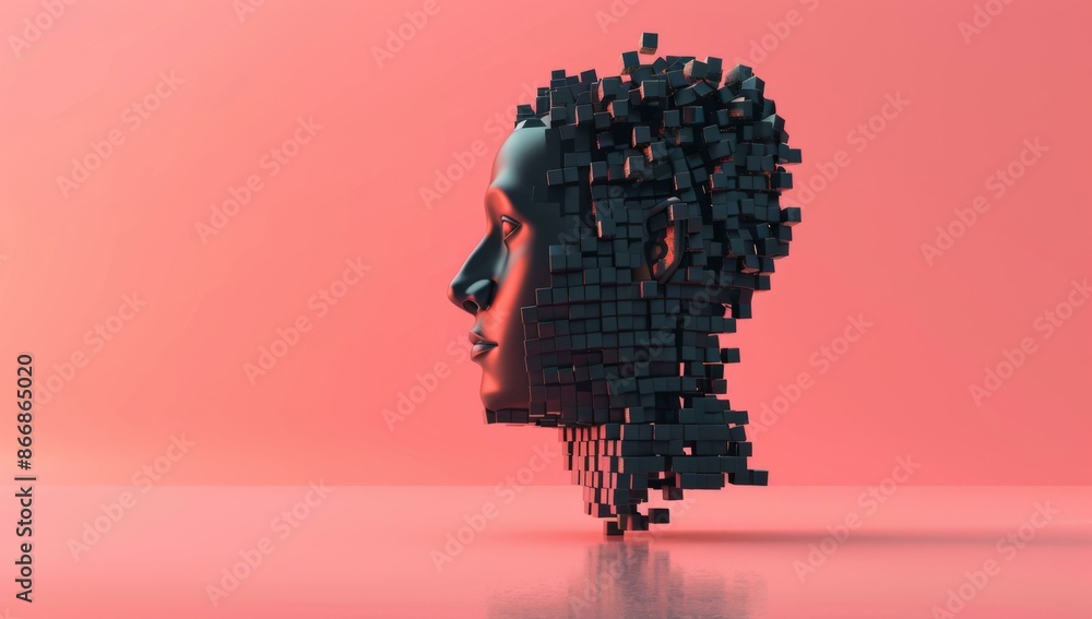 Poster a 3d rendering of a head made up from cubes. ai.