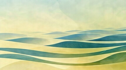 Obraz premium A painting of vibrant blues and yellows on a warm yellow-green canvas, set against a serene light blue sky