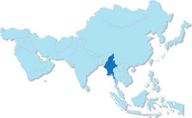 Highlighted blue map of MYANMAR inside light blue 3D blank political map of Asia orthographic projection on transparent background, without Russia