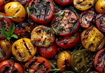 Fototapeta premium A close up of a bunch of tomatoes with some herbs on them. AI.