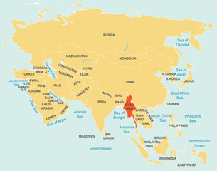 Highlighted red map of MYANMAR inside orange detailed tagged map of Asia using orthographic projection on blue background