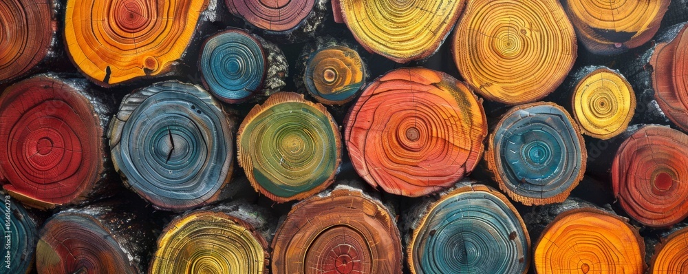 Poster painted wood logs are arranged next to each other, creating a colorful background with concentric ci