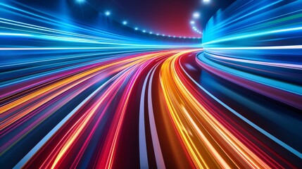 Light trails in a tunnel at night creating a sense of speed and motion.
