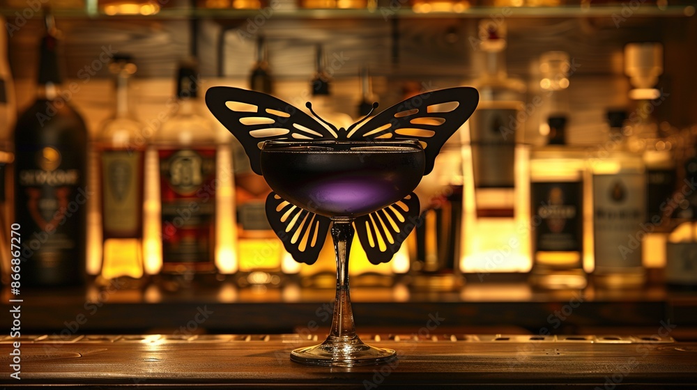 Poster a zoomed-in picture of a wine glass with a butterfly perched on top, positioned in front of an array