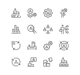 Set of business management related icons, inspector, personal quality, employee management and linear variety vectors.	
