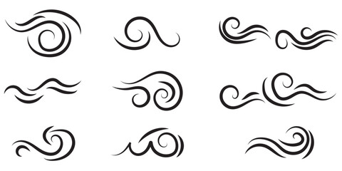 Fototapeta premium Blowing wind icon collection in black on a white background. Set of wind blow line icon. Black related to wind and waves