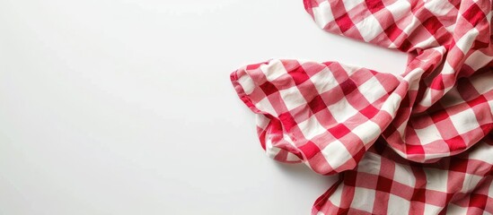 Obraz premium Tablecloth for kitchen. Isolated cooking towel on white background. Flat lay top view with space for text.