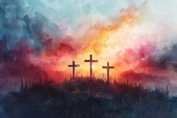 Obraz premium a watercolor painting of a Three crosses of Golgotha 