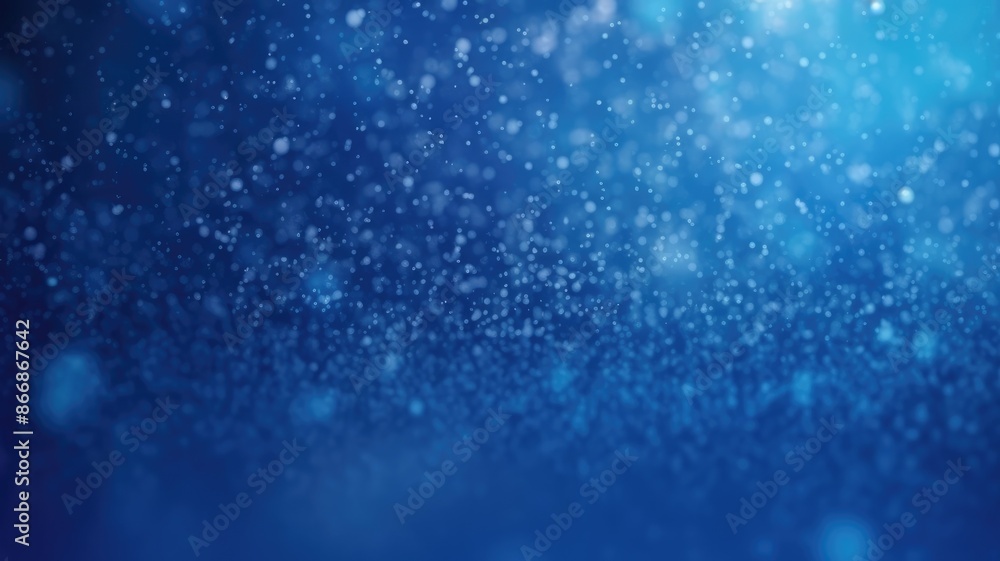 Poster the picture of vague visual of sparkling particles scattered across a deep blue background, create a