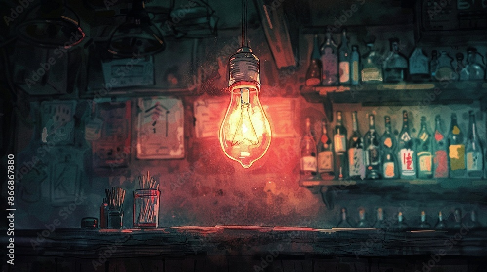 Poster light bulbs occupy table and ceiling; bottles on adjacent shelf