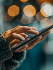 Hands using digital tablet for sleek contactless payment transaction.