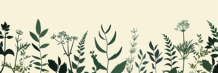 A digital illustration of various green leaves and flowers silhouetted against a cream background. This eco-friendly design is perfect for modern stores and design projects. Generative AI