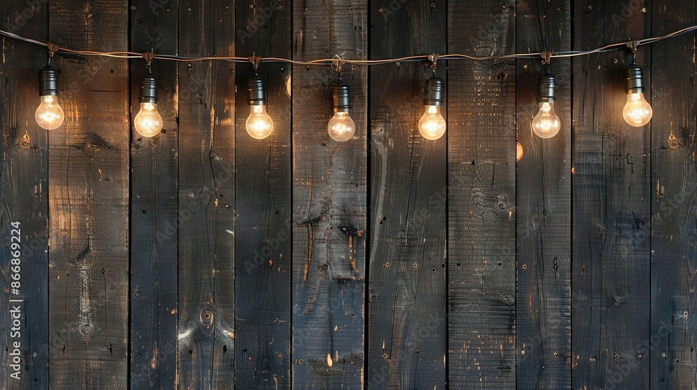 Poster a string of light bulbs hangs on a wooden wall and another string on its side