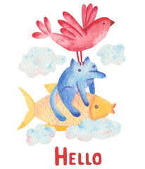 Watercolor cartoon illustration holidays at the sea, isolated on white. Hand drawn elements gold fish, red bird, fairy blue animal, clouds and single word Hello. Design for cards, posters, banners.