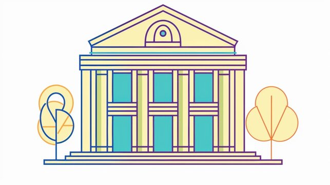 recommend clip art: Colorful Line Art of Classical Building with Trees – Symbolizes Heritage and Stability in Copy Space