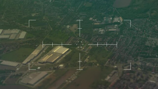 Reconnaissance drone camera view, aerial photography, cartography, spy drone, unmanned aerial vehicle or weather probe. Aerial surveillance of secret objects on the ground