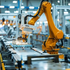 Robotic arm assembling electronic circuit boards in a modern factory, technology and automation concept