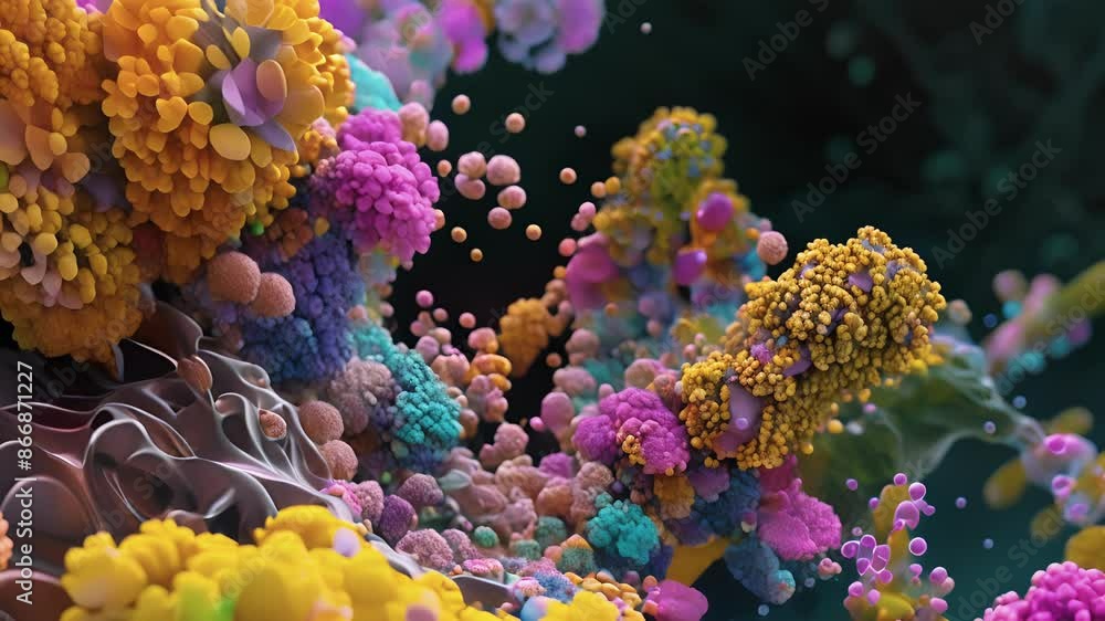 Poster a colorful array of fluorescentlylabeled proteins highlights the critical molecular interactions inv