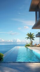 Modern beach house with infinity pool overlooking the ocean, luxury vacation concept