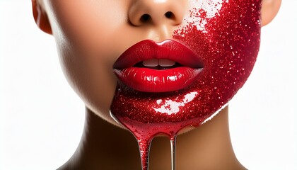 Portrait of a woman with red lips and red shiny glitter paint on the left side of face dripping down. 