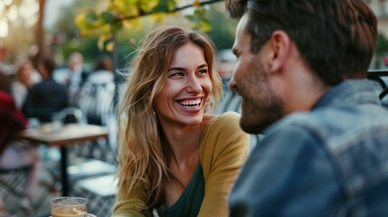 Fototapeta premium Happy young woman on a date with a handsome man at an outdoor cafe