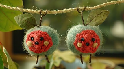 Obraz premium Two green and red crocheted apples on a rope with leaves and a potted plant in the back