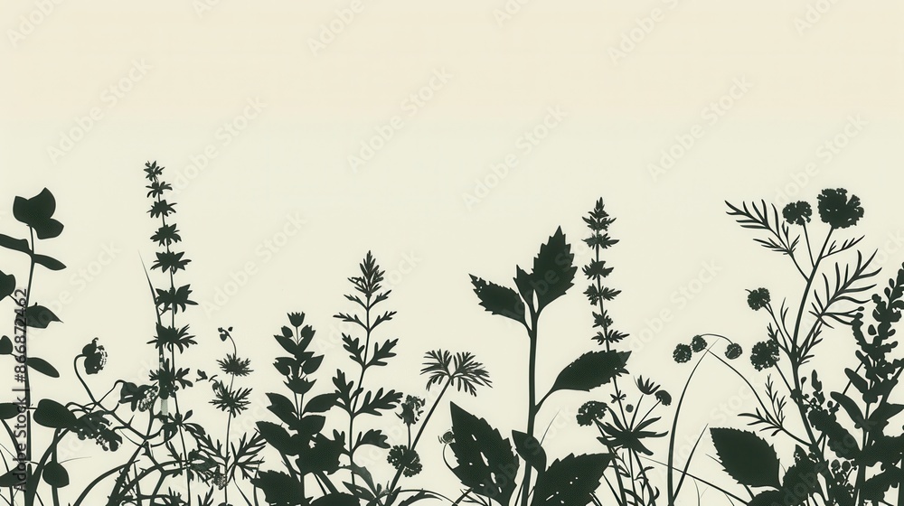 Poster A minimalist image featuring black silhouettes of various leaves and flowers on a light background. Perfect for eco-friendly design projects. Generative AI