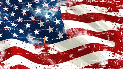 Large American flag with red, white stripes and blue stars. Photo of a flag waving in the wind. America's strength, freedom and independence concept
