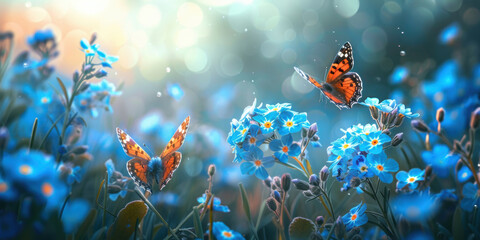 A beautiful summer or spring meadow with blue forget-me-not flowers and two flying yellow butterflies