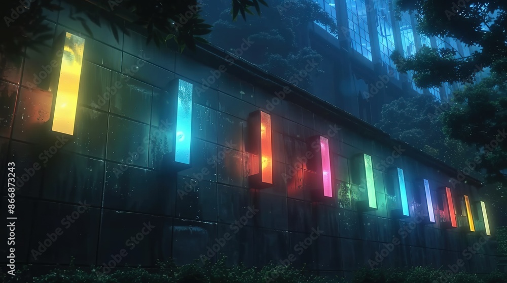 Poster a building with multiple windows on one side, surrounded by trees and bushes