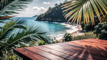 Wooden table on the beach and the sea in the background	