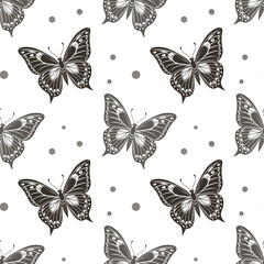 Seamless pattern, luxurious silhouettes of butterflies. Background with monochrome insects. Design for textiles, print