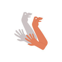 Hand gestures shadow theater, showing bird from palms and fingers vector gaming animal puppet peacock, rooster chicken