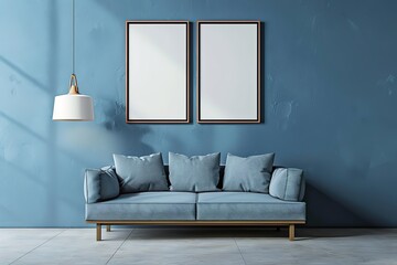Empty wooden picture frame, modern third frame, bleu colored wall, modern lamp, modern sofa, modern room, Generative Ai 