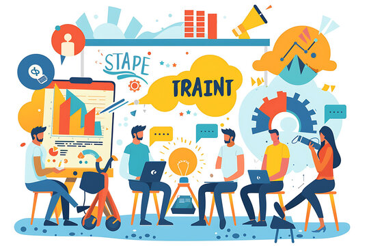 Colorful infographic outlining the stages of a startup pitch from elevator pitch to investor presentation with visual aids like speech bubbles audience reactions and success indicators