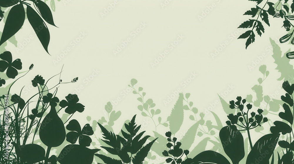 Poster silhouettes of various leaves and flowers on a light green background, creating a modern and eco-fri