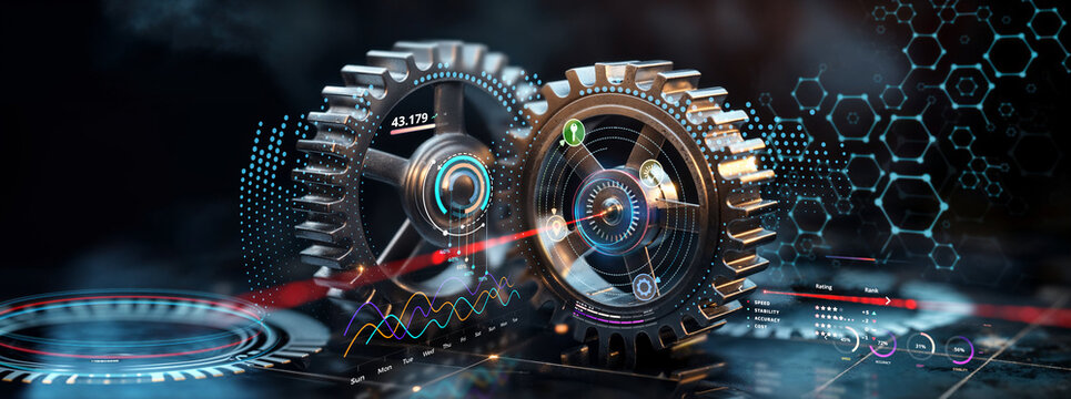 efficiency among mechanical cogwheels or gear system for business strategy and planning success and futuristic innovation in technology and technical process operations, also team work production