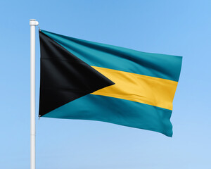 Bahamas flag illustration on stick on sky background. Realistic flag illustration